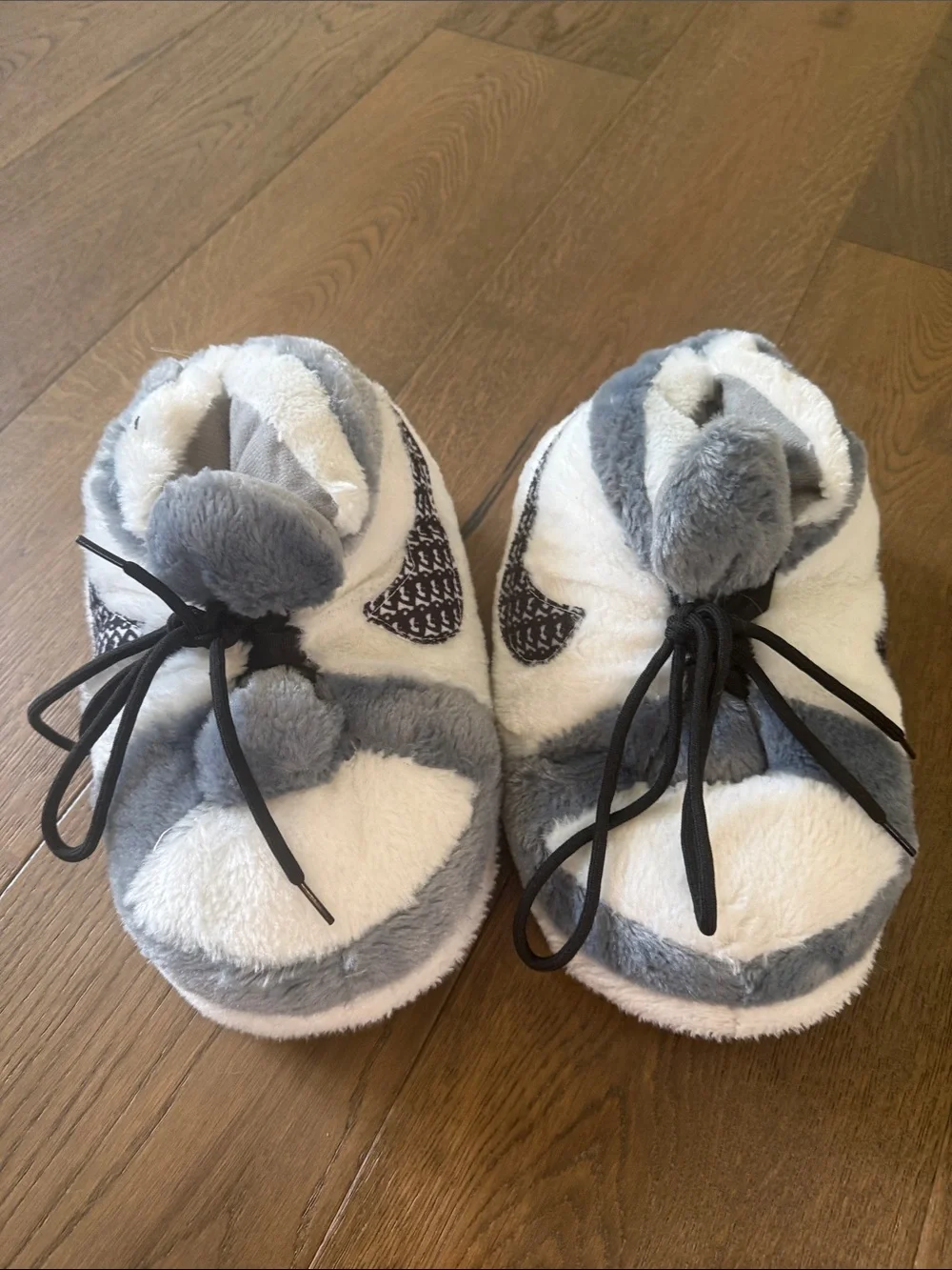Kids Nike Style Plush Fuzzy Slide Slippers in White, Gray and Black